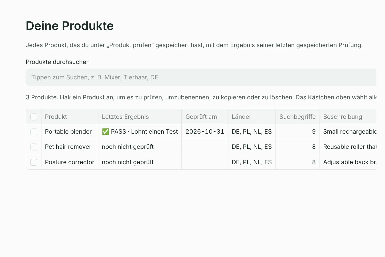 Deine Produkte: gespeicherte Produkte mit ihrem letzten Ergebnis