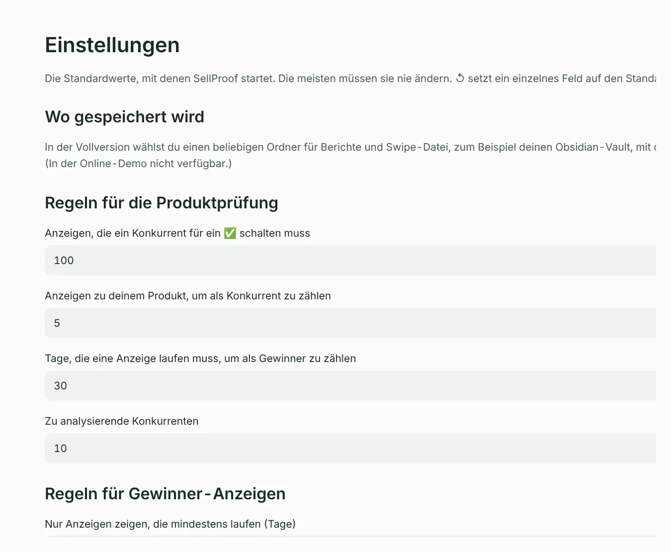 Einstellungen: wo gespeichert wird und die Regeln für Produktprüfungen