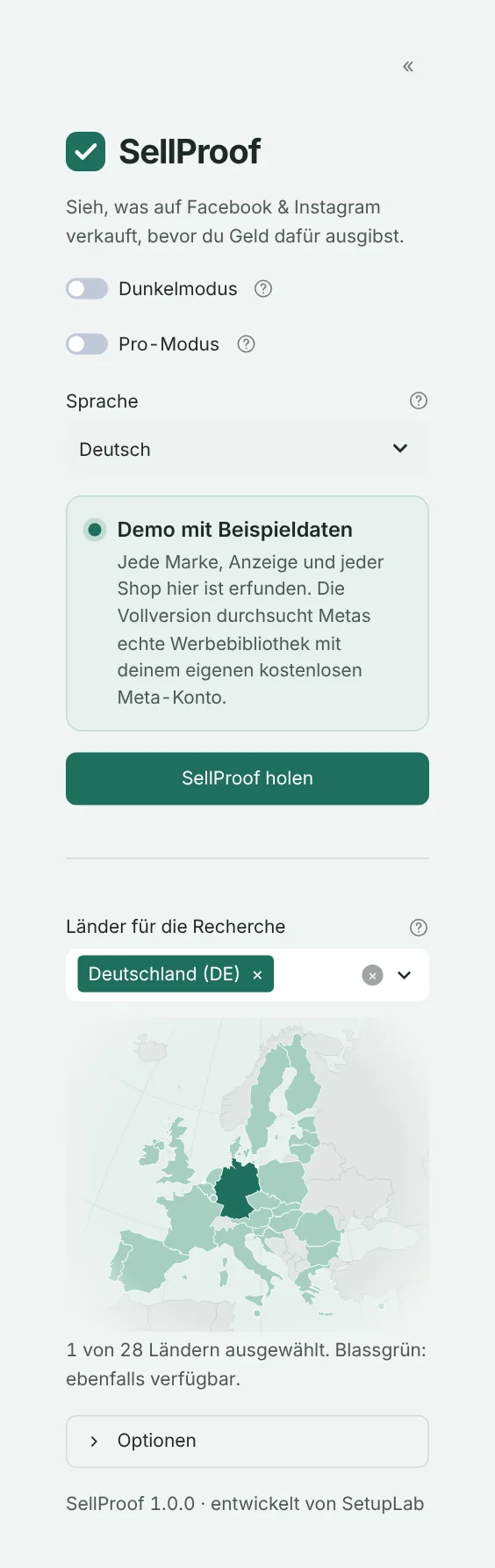 Die Seitenleiste von SellProof mit den Ländern für die Recherche und der Karte
