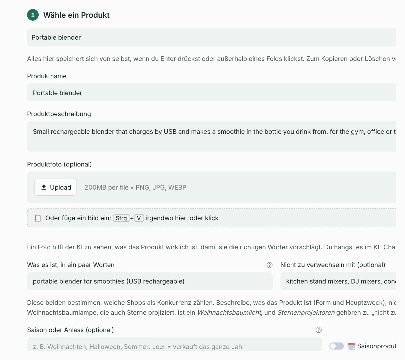 Schritt 1 von Produkt prüfen: die Produktfelder