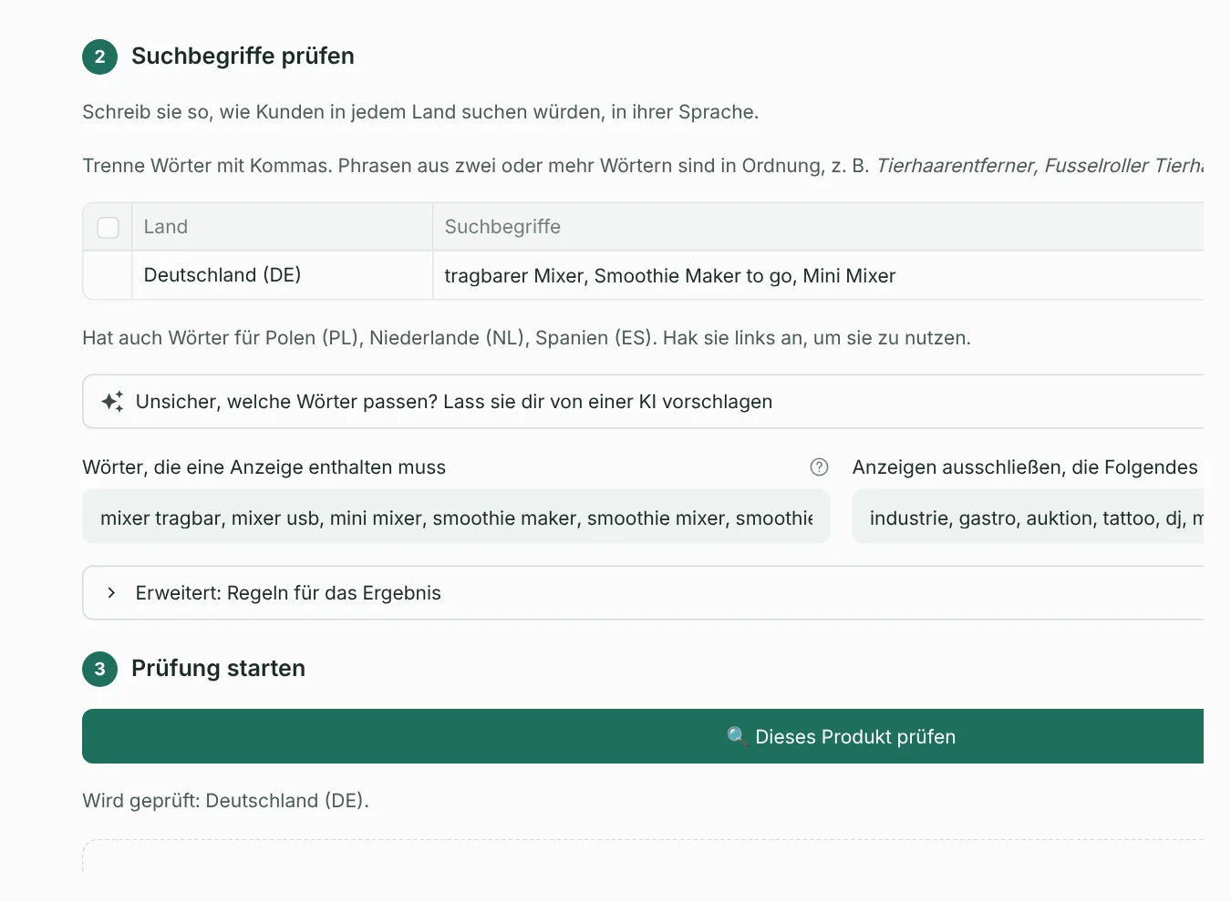 Schritt 2: Suchwörter pro Land, Muss-Wörter und Ausschlusswörter