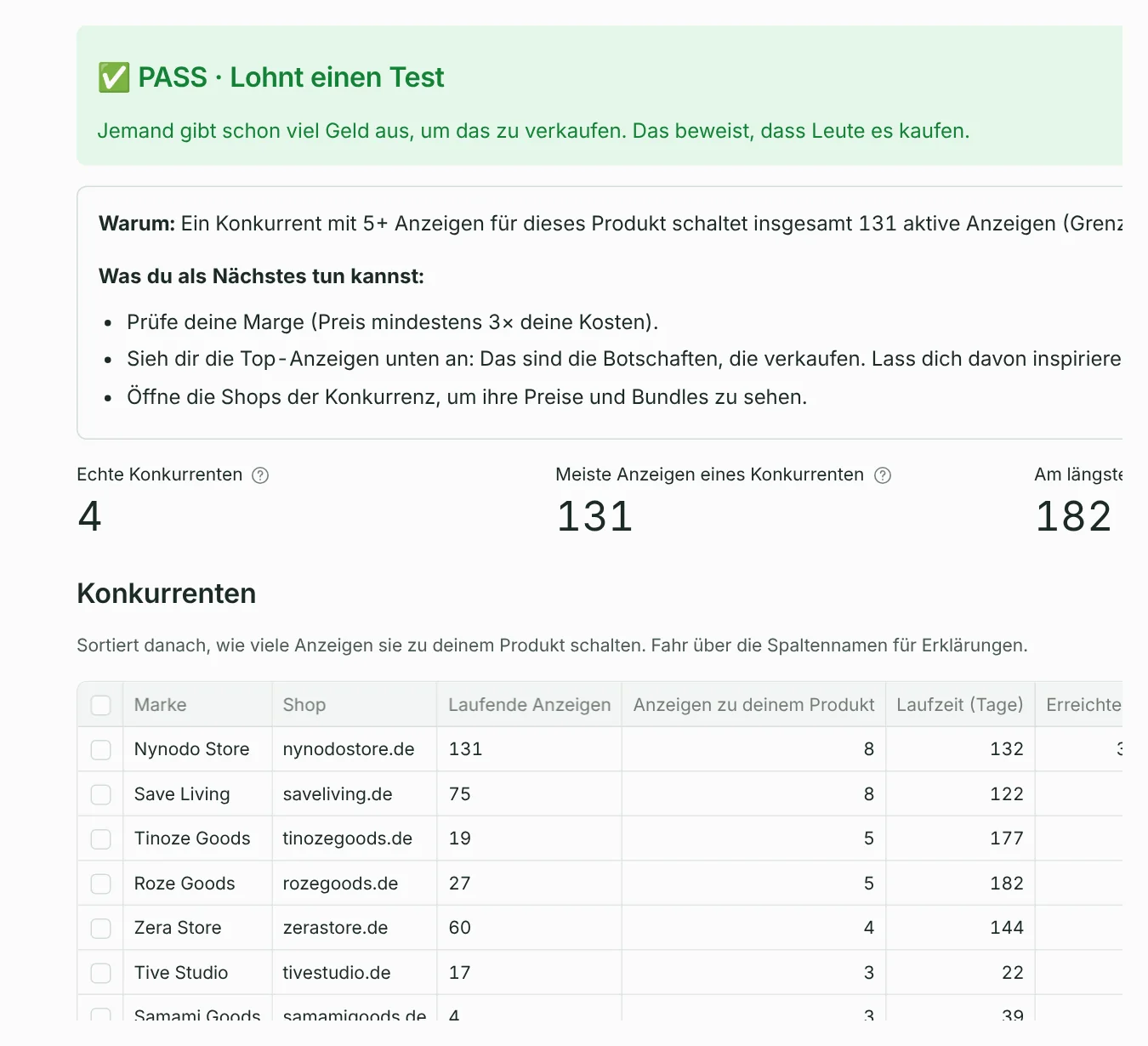 Ein PASS-Urteil mit den Gründen, drei Kennzahlen und der Konkurrenztabelle