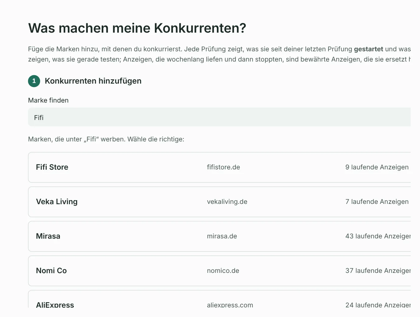 Marke finden: Facebook-Seiten, die unter einem Namen werben, mit ihrer Anzeigenzahl