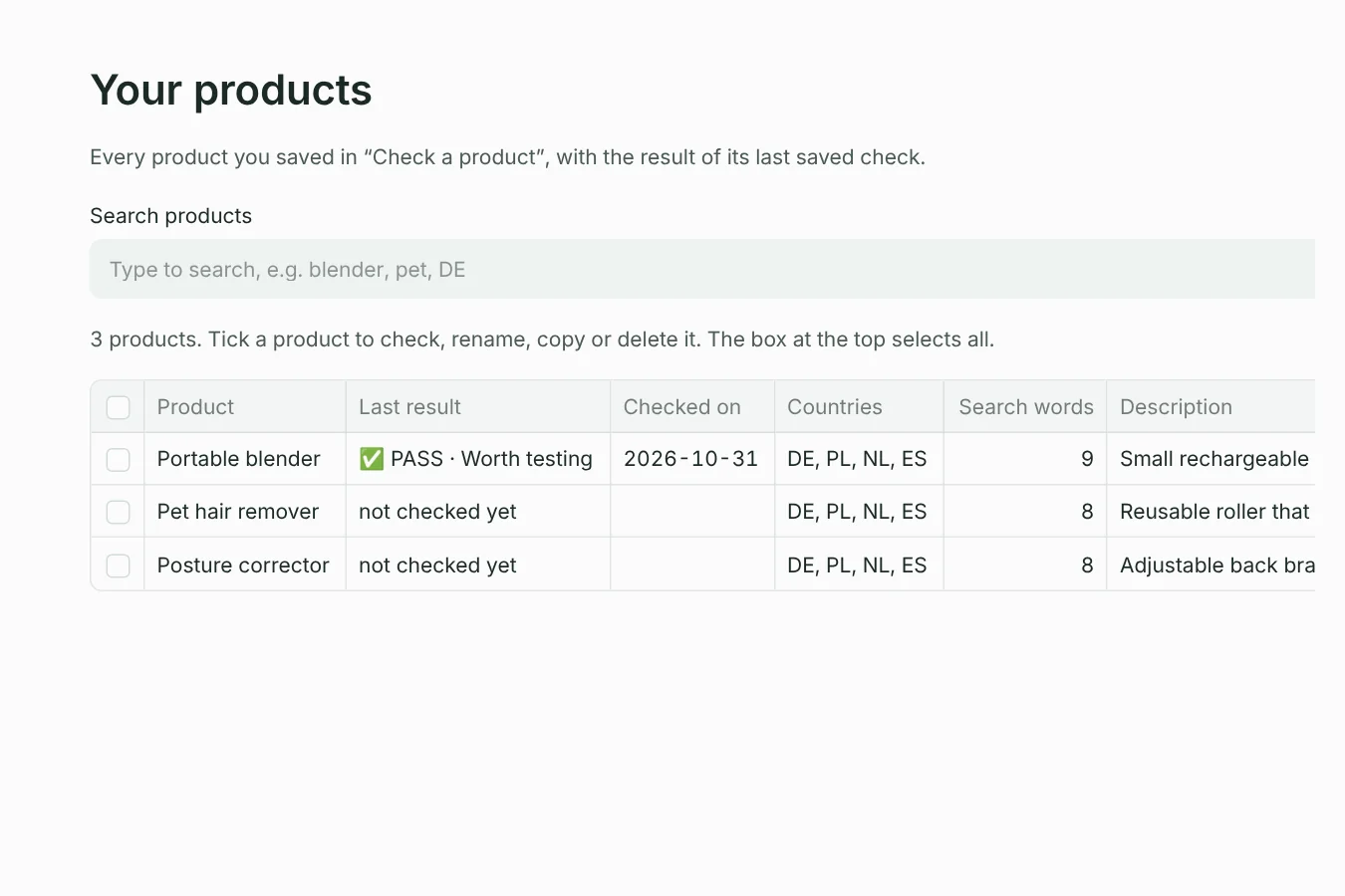 Your products: saved products with their last result