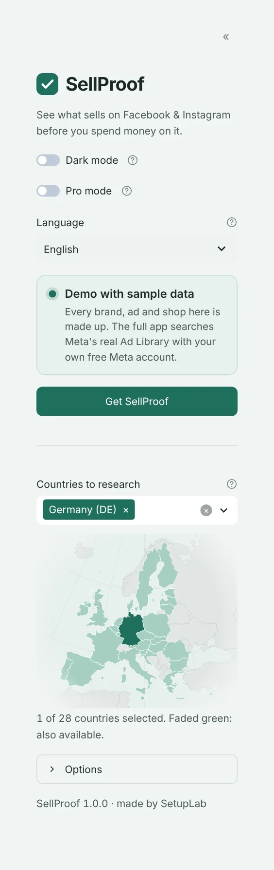 SellProof's sidebar with the countries to research and the map