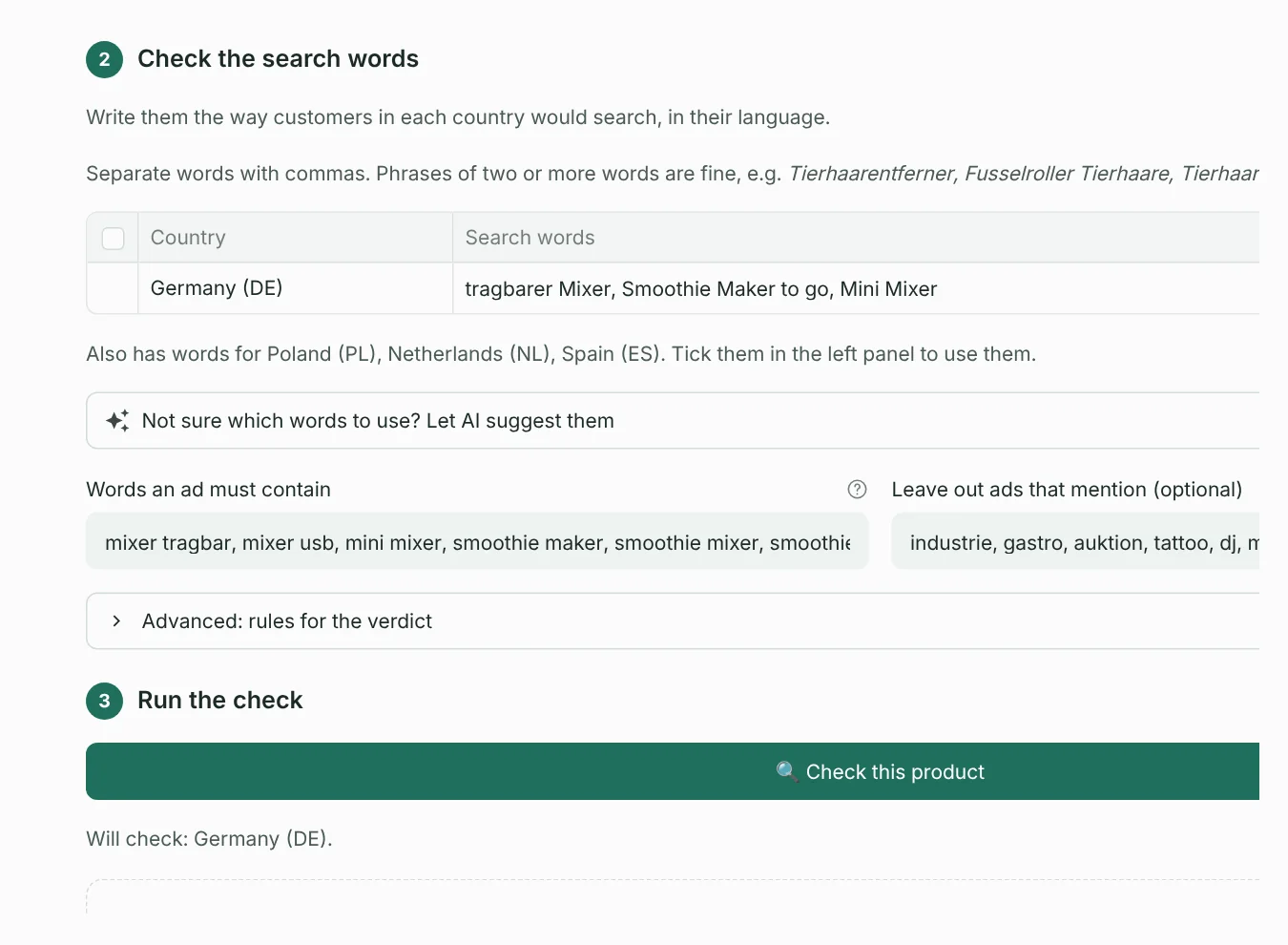 Step 2: search words per country, words an ad must contain and leave-out words