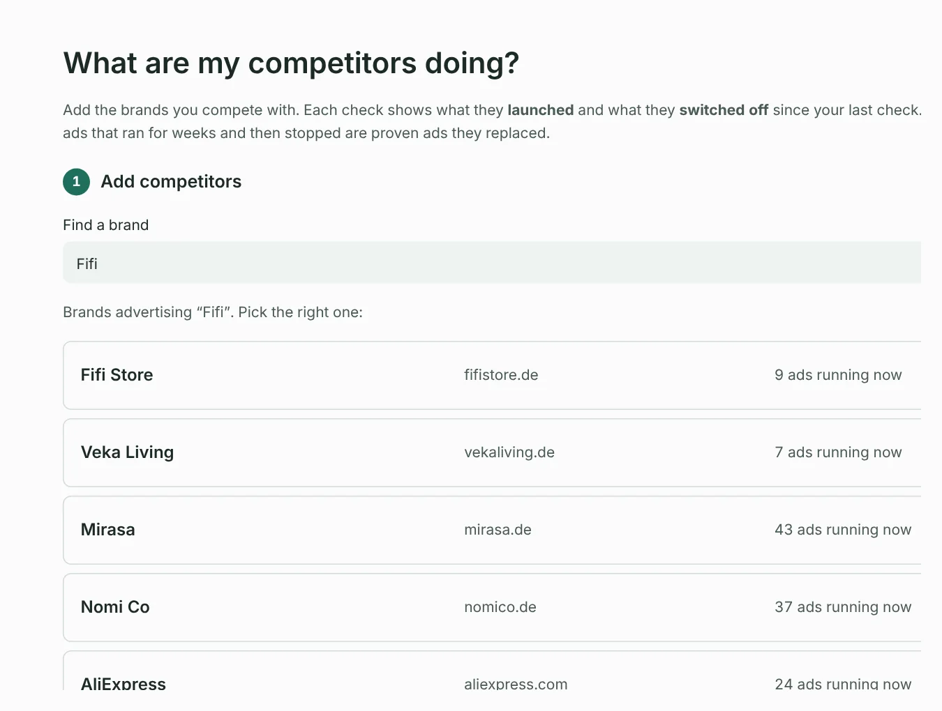 Find a brand: Facebook pages advertising under a name, with how many ads each runs