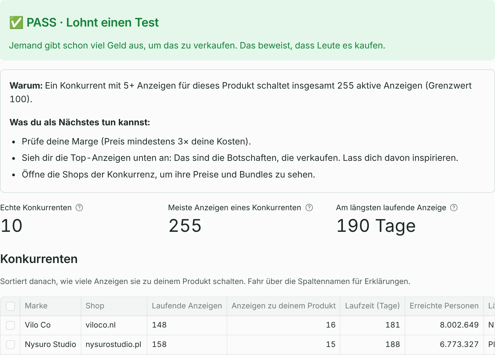 Produkt prüfen: ein grünes Urteil „PASS · Lohnt einen Test“, der Grund, die nächsten Schritte, drei Kennzahlen und die Tabelle der Konkurrenten.
